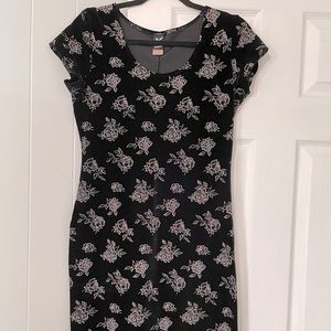 Black velvet body-con dress with silver rose detailing